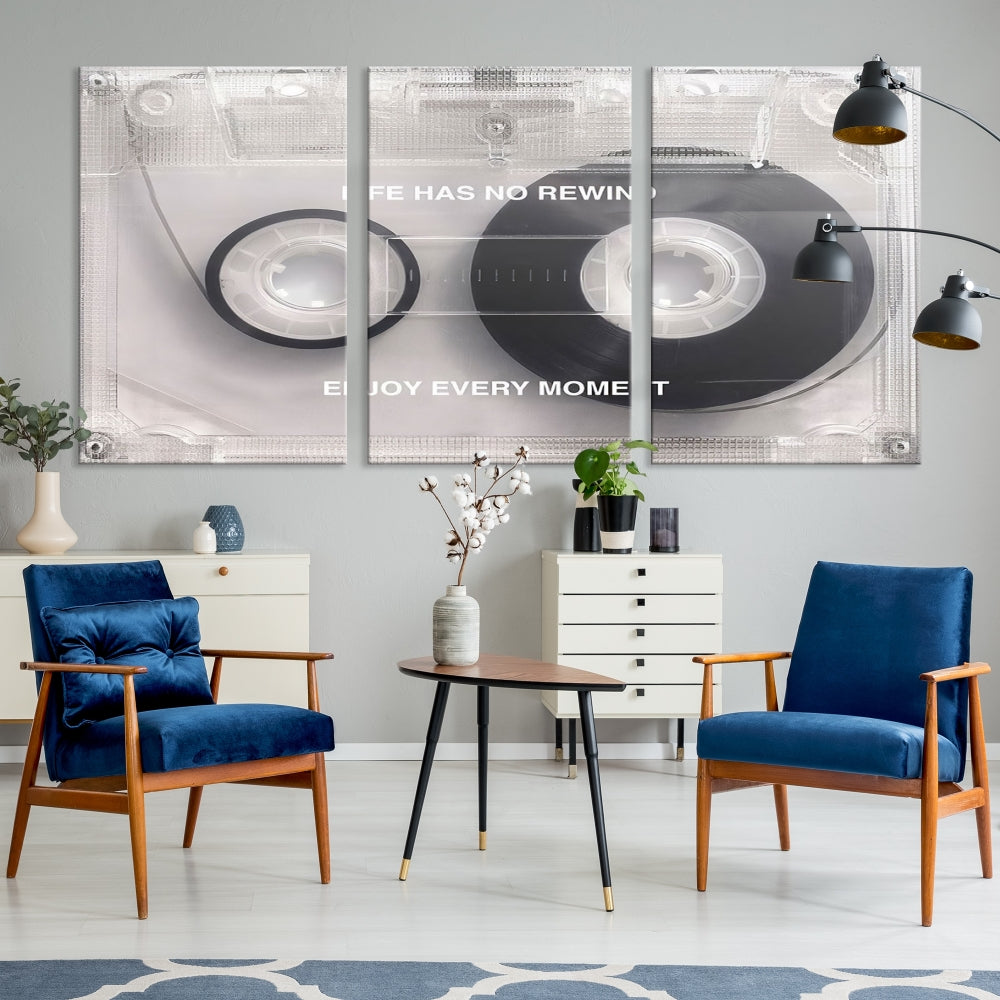 Vintage Cassette Tape Canvas Wall Art - Inspirational 'Life Has No Rewind' Quote, Retro Music Decor for Living Room