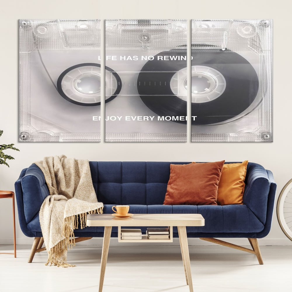 Vintage Cassette Tape Canvas Wall Art - Inspirational 'Life Has No Rewind' Quote, Retro Music Decor for Living Room