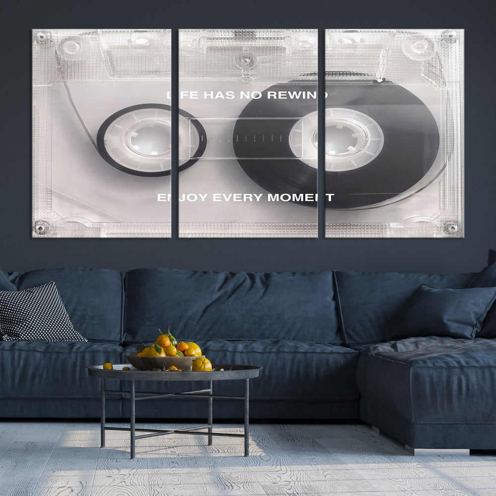 Vintage Cassette Tape Canvas Wall Art - Inspirational 'Life Has No Rewind' Quote, Retro Music Decor for Living Room