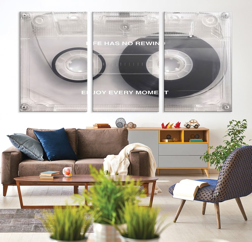 Vintage Cassette Tape Canvas Wall Art - Inspirational 'Life Has No Rewind' Quote, Retro Music Decor for Living Room