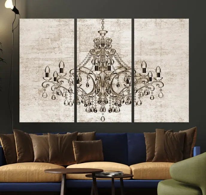 The Vintage Chandelier Wall Art Canvas Print showcases an intricate chandelier, perfect for adding elegance to any living room. This museum-quality triptych is equipped with a UV-protective coating and comes ready to hang, merging aesthetic appeal with lasting durability for an ideal ambiance.