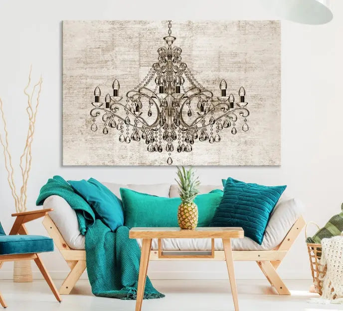 The Vintage Chandelier Wall Art Canvas Print showcases an intricate chandelier, perfect for adding elegance to any living room. This museum-quality triptych is equipped with a UV-protective coating and comes ready to hang, merging aesthetic appeal with lasting durability for an ideal ambiance.