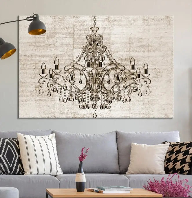 The Vintage Chandelier Wall Art Canvas Print showcases an intricate chandelier, perfect for adding elegance to any living room. This museum-quality triptych is equipped with a UV-protective coating and comes ready to hang, merging aesthetic appeal with lasting durability for an ideal ambiance.