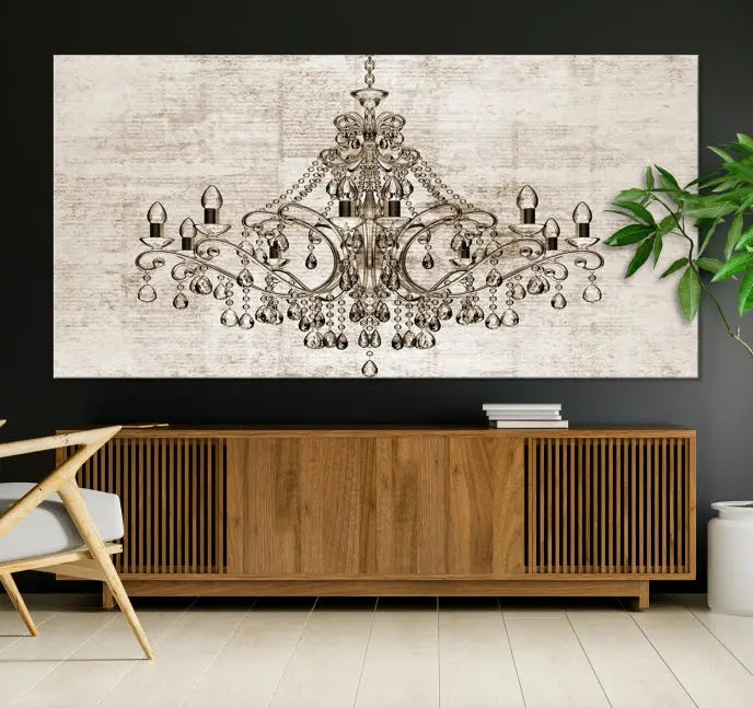 The Vintage Chandelier Wall Art Canvas Print showcases an intricate chandelier, perfect for adding elegance to any living room. This museum-quality triptych is equipped with a UV-protective coating and comes ready to hang, merging aesthetic appeal with lasting durability for an ideal ambiance.