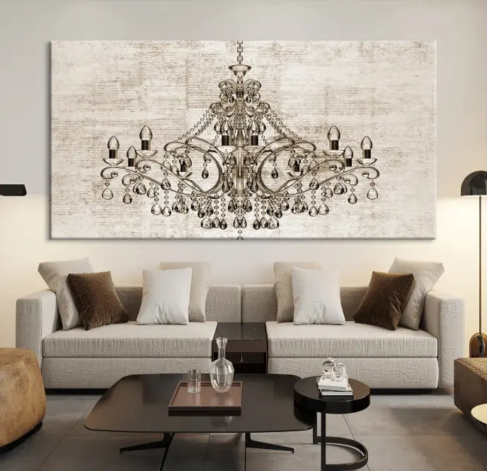 The Vintage Chandelier Wall Art Canvas Print showcases an intricate chandelier, perfect for adding elegance to any living room. This museum-quality triptych is equipped with a UV-protective coating and comes ready to hang, merging aesthetic appeal with lasting durability for an ideal ambiance.