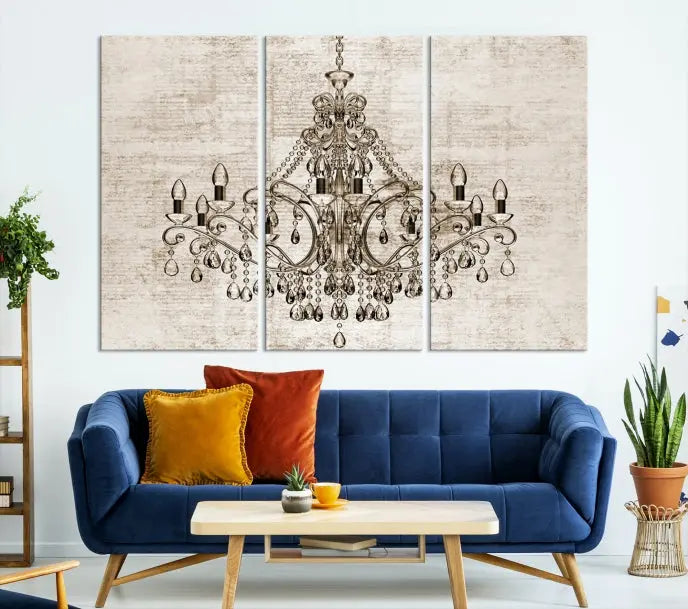 The Vintage Chandelier Wall Art Canvas Print showcases an intricate chandelier, perfect for adding elegance to any living room. This museum-quality triptych is equipped with a UV-protective coating and comes ready to hang, merging aesthetic appeal with lasting durability for an ideal ambiance.