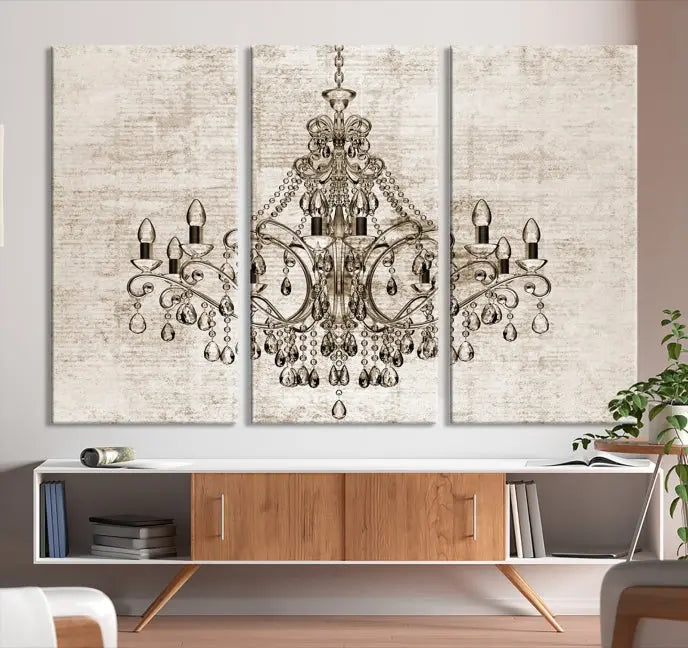 The Vintage Chandelier Wall Art Canvas Print showcases an intricate chandelier, perfect for adding elegance to any living room. This museum-quality triptych is equipped with a UV-protective coating and comes ready to hang, merging aesthetic appeal with lasting durability for an ideal ambiance.