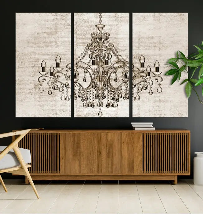 The Vintage Chandelier Wall Art Canvas Print showcases an intricate chandelier, perfect for adding elegance to any living room. This museum-quality triptych is equipped with a UV-protective coating and comes ready to hang, merging aesthetic appeal with lasting durability for an ideal ambiance.