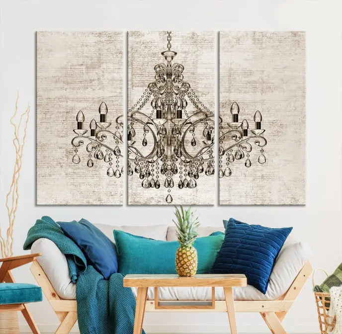 The Vintage Chandelier Wall Art Canvas Print showcases an intricate chandelier, perfect for adding elegance to any living room. This museum-quality triptych is equipped with a UV-protective coating and comes ready to hang, merging aesthetic appeal with lasting durability for an ideal ambiance.