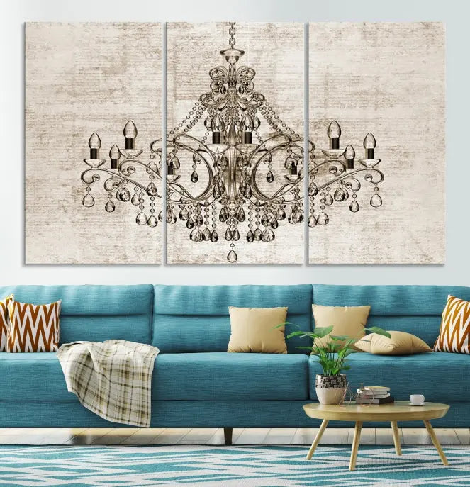 The Vintage Chandelier Wall Art Canvas Print showcases an intricate chandelier, perfect for adding elegance to any living room. This museum-quality triptych is equipped with a UV-protective coating and comes ready to hang, merging aesthetic appeal with lasting durability for an ideal ambiance.