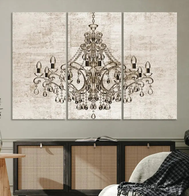 The Vintage Chandelier Wall Art Canvas Print showcases an intricate chandelier, perfect for adding elegance to any living room. This museum-quality triptych is equipped with a UV-protective coating and comes ready to hang, merging aesthetic appeal with lasting durability for an ideal ambiance.