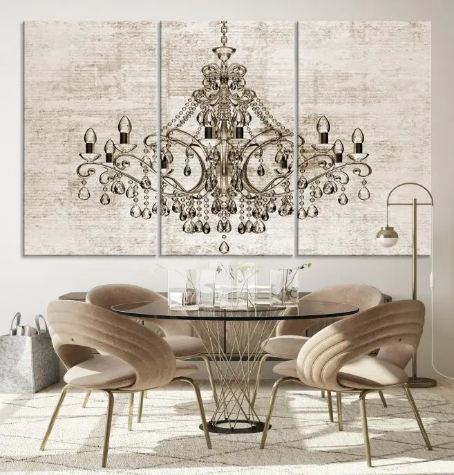 The Vintage Chandelier Wall Art Canvas Print showcases an intricate chandelier, perfect for adding elegance to any living room. This museum-quality triptych is equipped with a UV-protective coating and comes ready to hang, merging aesthetic appeal with lasting durability for an ideal ambiance.