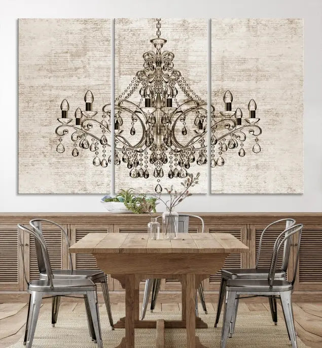 The Vintage Chandelier Wall Art Canvas Print showcases an intricate chandelier, perfect for adding elegance to any living room. This museum-quality triptych is equipped with a UV-protective coating and comes ready to hang, merging aesthetic appeal with lasting durability for an ideal ambiance.