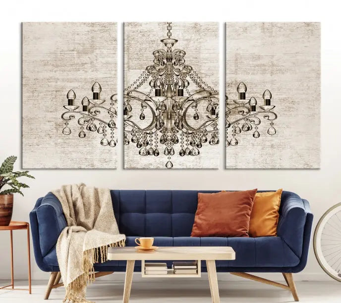 The Vintage Chandelier Wall Art Canvas Print showcases an intricate chandelier, perfect for adding elegance to any living room. This museum-quality triptych is equipped with a UV-protective coating and comes ready to hang, merging aesthetic appeal with lasting durability for an ideal ambiance.