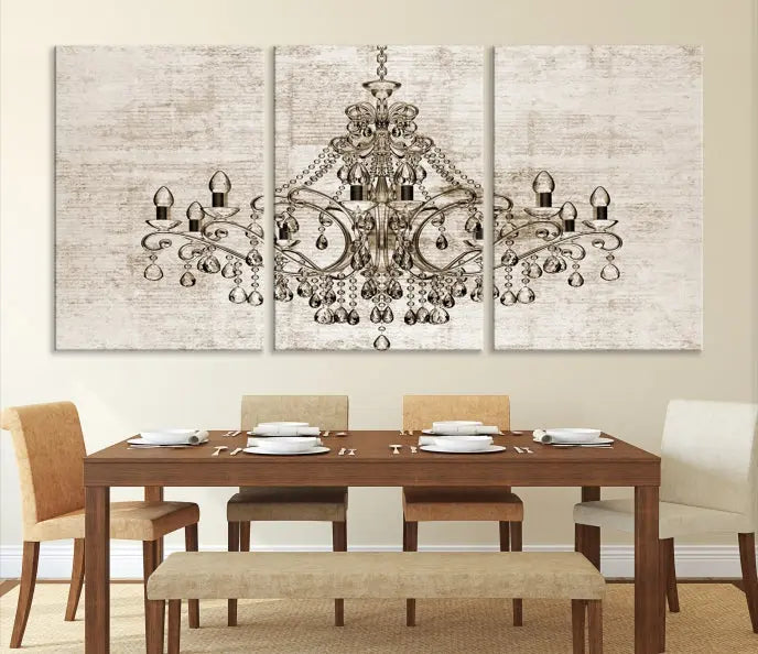 The Vintage Chandelier Wall Art Canvas Print showcases an intricate chandelier, perfect for adding elegance to any living room. This museum-quality triptych is equipped with a UV-protective coating and comes ready to hang, merging aesthetic appeal with lasting durability for an ideal ambiance.