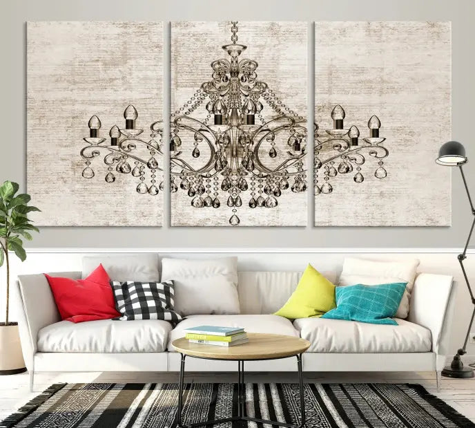 The Vintage Chandelier Wall Art Canvas Print showcases an intricate chandelier, perfect for adding elegance to any living room. This museum-quality triptych is equipped with a UV-protective coating and comes ready to hang, merging aesthetic appeal with lasting durability for an ideal ambiance.