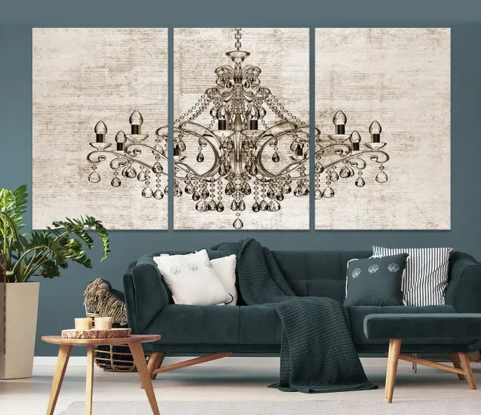 The Vintage Chandelier Wall Art Canvas Print showcases an intricate chandelier, perfect for adding elegance to any living room. This museum-quality triptych is equipped with a UV-protective coating and comes ready to hang, merging aesthetic appeal with lasting durability for an ideal ambiance.