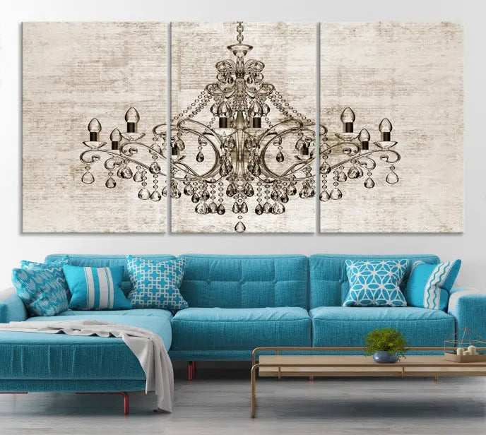 The Vintage Chandelier Wall Art Canvas Print showcases an intricate chandelier, perfect for adding elegance to any living room. This museum-quality triptych is equipped with a UV-protective coating and comes ready to hang, merging aesthetic appeal with lasting durability for an ideal ambiance.