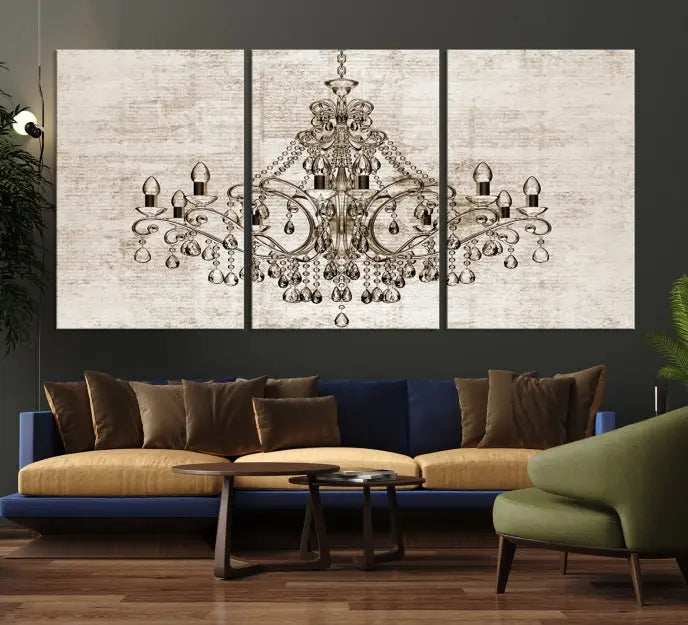 The Vintage Chandelier Wall Art Canvas Print showcases an intricate chandelier, perfect for adding elegance to any living room. This museum-quality triptych is equipped with a UV-protective coating and comes ready to hang, merging aesthetic appeal with lasting durability for an ideal ambiance.