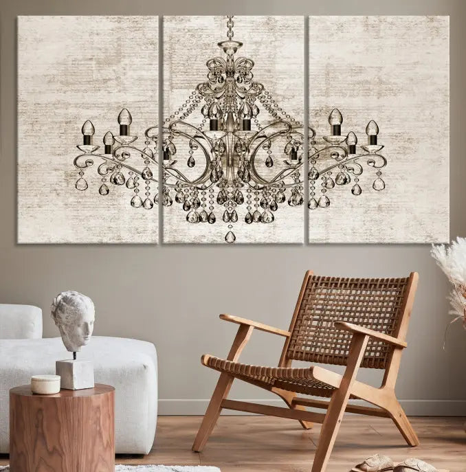 The Vintage Chandelier Wall Art Canvas Print showcases an intricate chandelier, perfect for adding elegance to any living room. This museum-quality triptych is equipped with a UV-protective coating and comes ready to hang, merging aesthetic appeal with lasting durability for an ideal ambiance.