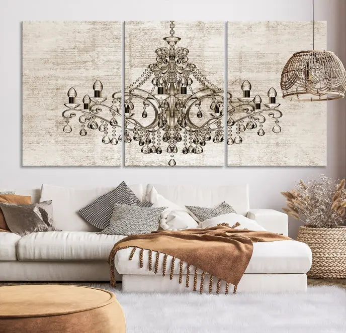 The Vintage Chandelier Wall Art Canvas Print showcases an intricate chandelier, perfect for adding elegance to any living room. This museum-quality triptych is equipped with a UV-protective coating and comes ready to hang, merging aesthetic appeal with lasting durability for an ideal ambiance.