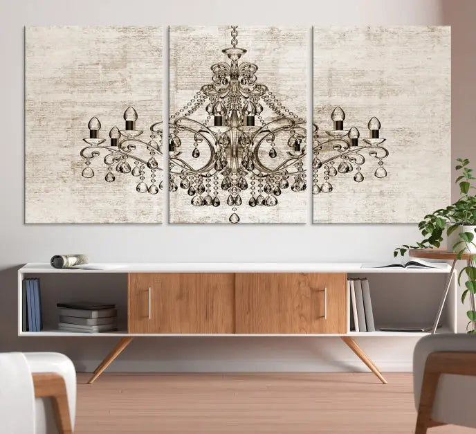 The Vintage Chandelier Wall Art Canvas Print showcases an intricate chandelier, perfect for adding elegance to any living room. This museum-quality triptych is equipped with a UV-protective coating and comes ready to hang, merging aesthetic appeal with lasting durability for an ideal ambiance.