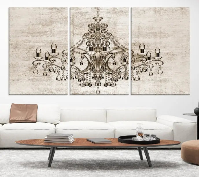 The Vintage Chandelier Wall Art Canvas Print showcases an intricate chandelier, perfect for adding elegance to any living room. This museum-quality triptych is equipped with a UV-protective coating and comes ready to hang, merging aesthetic appeal with lasting durability for an ideal ambiance.