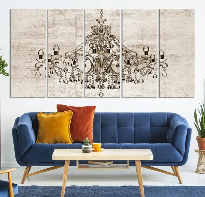 The Vintage Chandelier Wall Art Canvas Print showcases an intricate chandelier, perfect for adding elegance to any living room. This museum-quality triptych is equipped with a UV-protective coating and comes ready to hang, merging aesthetic appeal with lasting durability for an ideal ambiance.