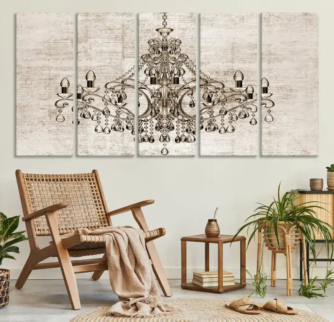 The Vintage Chandelier Wall Art Canvas Print showcases an intricate chandelier, perfect for adding elegance to any living room. This museum-quality triptych is equipped with a UV-protective coating and comes ready to hang, merging aesthetic appeal with lasting durability for an ideal ambiance.