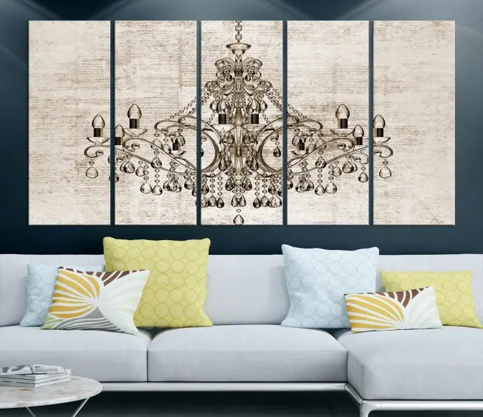 The Vintage Chandelier Wall Art Canvas Print showcases an intricate chandelier, perfect for adding elegance to any living room. This museum-quality triptych is equipped with a UV-protective coating and comes ready to hang, merging aesthetic appeal with lasting durability for an ideal ambiance.