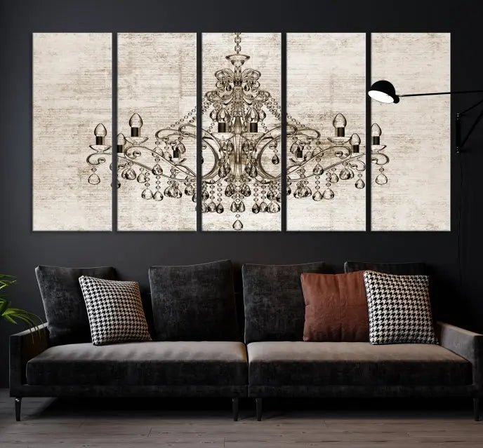 The Vintage Chandelier Wall Art Canvas Print showcases an intricate chandelier, perfect for adding elegance to any living room. This museum-quality triptych is equipped with a UV-protective coating and comes ready to hang, merging aesthetic appeal with lasting durability for an ideal ambiance.