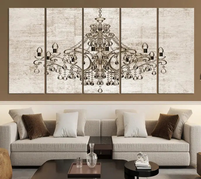 The Vintage Chandelier Wall Art Canvas Print showcases an intricate chandelier, perfect for adding elegance to any living room. This museum-quality triptych is equipped with a UV-protective coating and comes ready to hang, merging aesthetic appeal with lasting durability for an ideal ambiance.