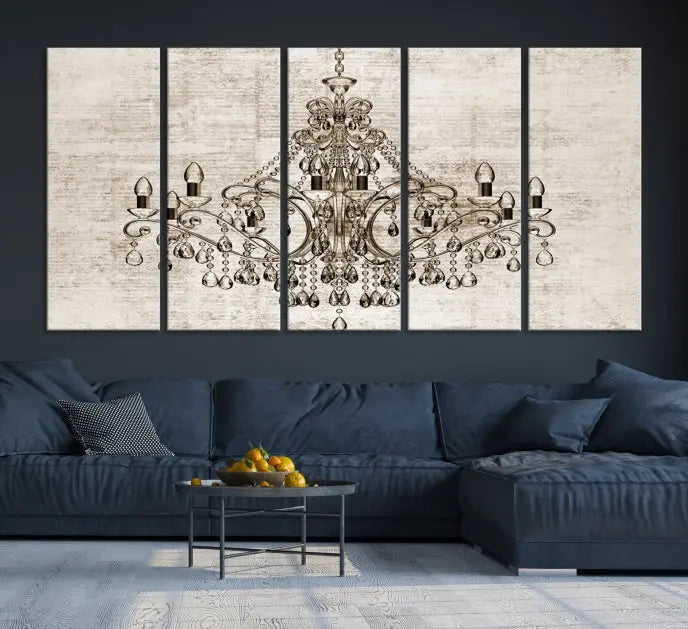 The Vintage Chandelier Wall Art Canvas Print showcases an intricate chandelier, perfect for adding elegance to any living room. This museum-quality triptych is equipped with a UV-protective coating and comes ready to hang, merging aesthetic appeal with lasting durability for an ideal ambiance.