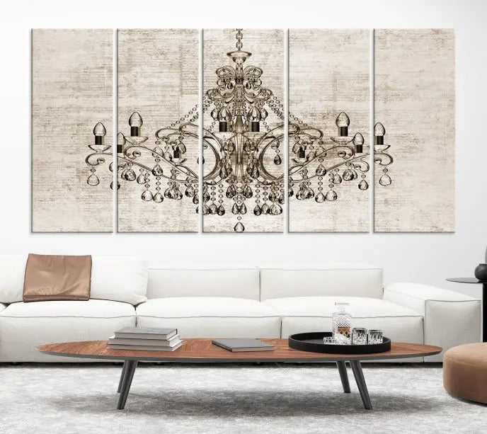 The Vintage Chandelier Wall Art Canvas Print showcases an intricate chandelier, perfect for adding elegance to any living room. This museum-quality triptych is equipped with a UV-protective coating and comes ready to hang, merging aesthetic appeal with lasting durability for an ideal ambiance.