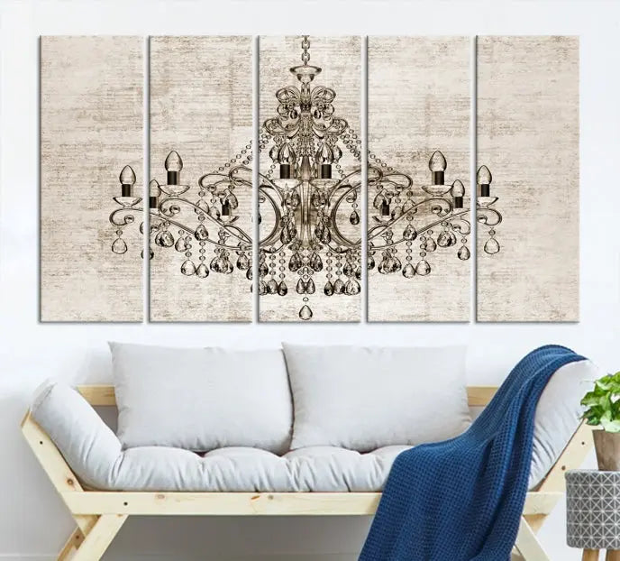 The Vintage Chandelier Wall Art Canvas Print showcases an intricate chandelier, perfect for adding elegance to any living room. This museum-quality triptych is equipped with a UV-protective coating and comes ready to hang, merging aesthetic appeal with lasting durability for an ideal ambiance.