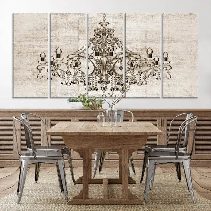 The Vintage Chandelier Wall Art Canvas Print showcases an intricate chandelier, perfect for adding elegance to any living room. This museum-quality triptych is equipped with a UV-protective coating and comes ready to hang, merging aesthetic appeal with lasting durability for an ideal ambiance.