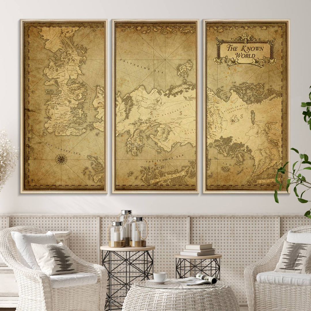 84658-MGV-CV-36X24-Vintage Game of Thrones Map Wall Art | Westeros and Essos Antique Style Print | The Known World in Triptych Canvas | Giclee Canvas for