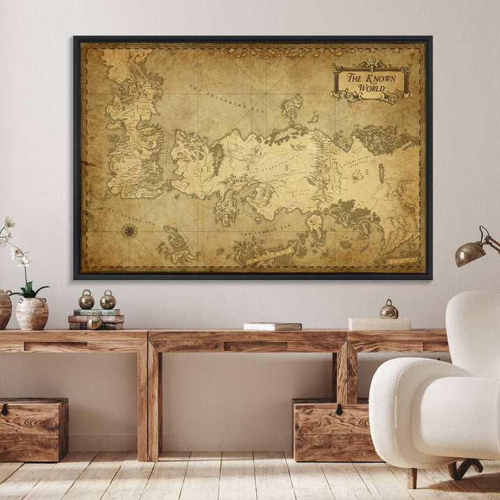 Vintage Game of Thrones Map Wall Art | Westeros and Essos Antique Style Print | The Known World in Triptych Canvas | Giclee Canvas for