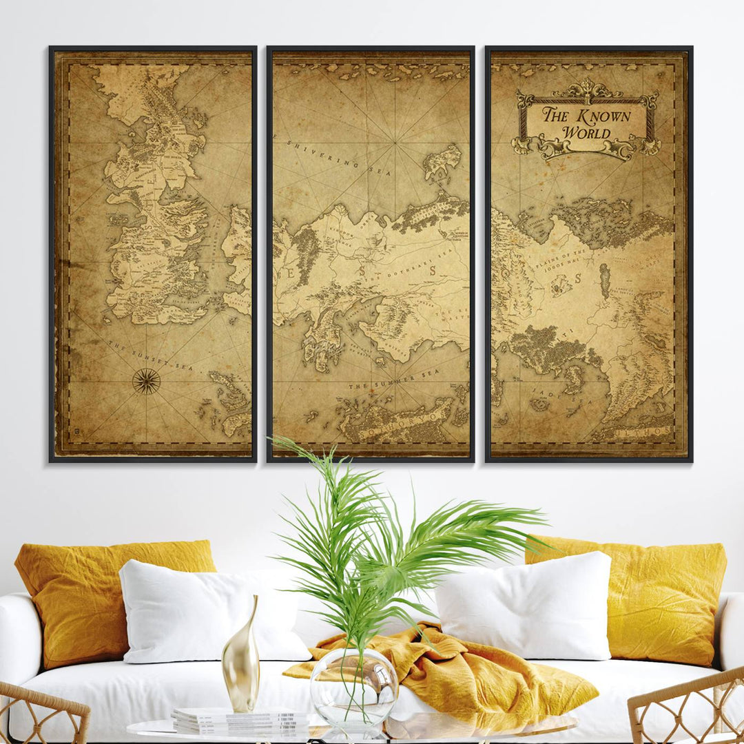 84658-MGV-FC-48X32-3P_Black-Vintage Game of Thrones Map Wall Art | Westeros and Essos Antique Style Print | The Known World in Triptych Canvas | Giclee Canvas for