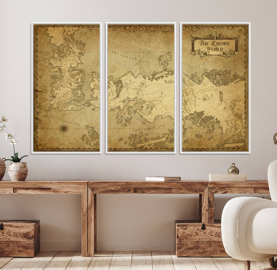 84658-MGV-FC-48X32-3P_White-Vintage Game of Thrones Map Wall Art | Westeros and Essos Antique Style Print | The Known World in Triptych Canvas | Giclee Canvas for