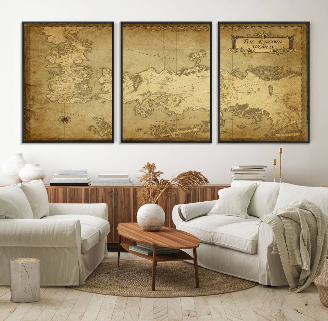 84658-MGV-FC-60X30-3P_Black-Vintage Game of Thrones Map Wall Art | Westeros and Essos Antique Style Print | The Known World in Triptych Canvas | Giclee Canvas for
