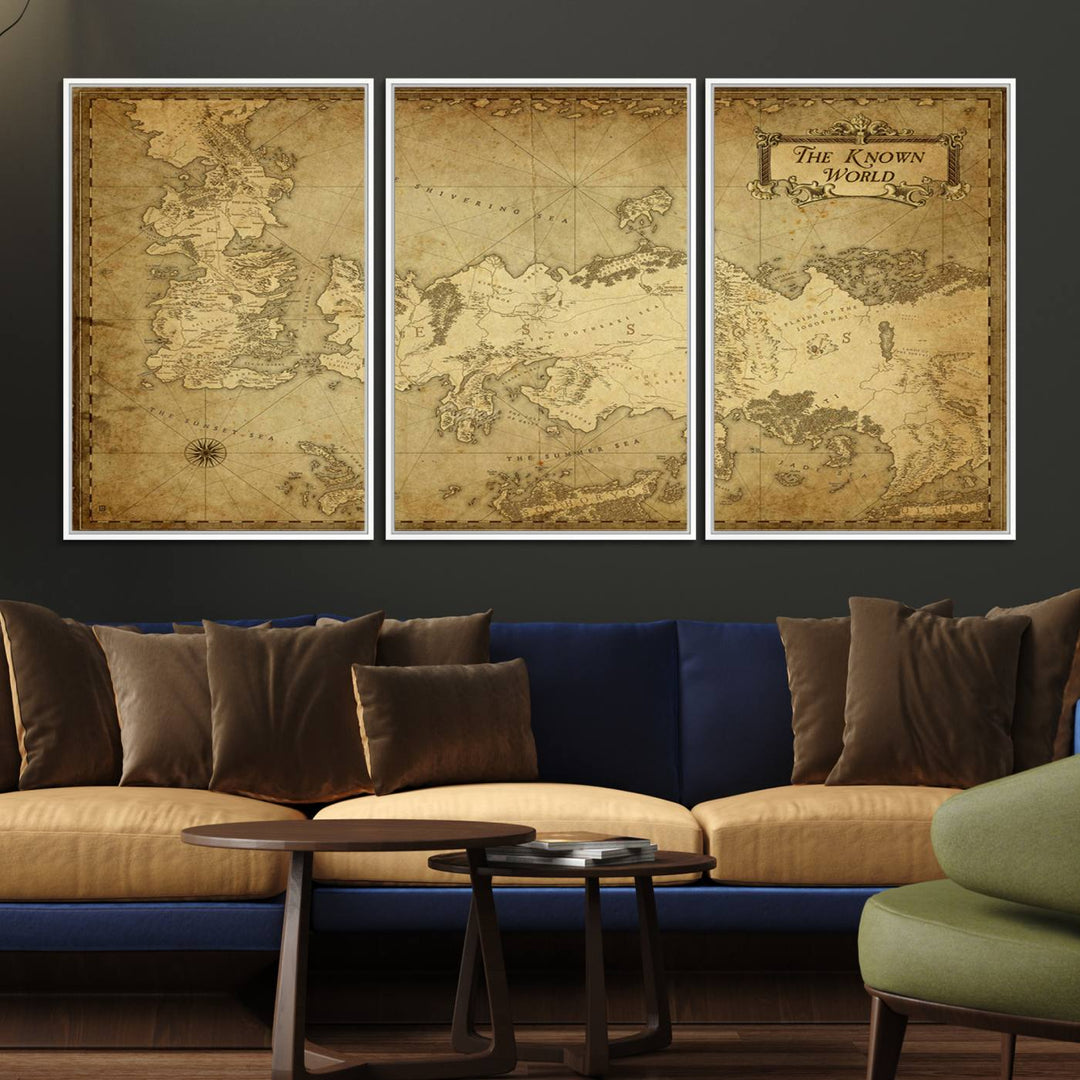 84658-MGV-FC-60X30-3P_White-Vintage Game of Thrones Map Wall Art | Westeros and Essos Antique Style Print | The Known World in Triptych Canvas | Giclee Canvas for