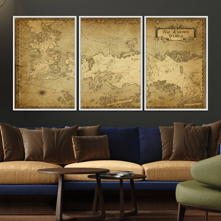 84658-MGV-FC-60X30-3P_White-Vintage Game of Thrones Map Wall Art | Westeros and Essos Antique Style Print | The Known World in Triptych Canvas | Giclee Canvas for