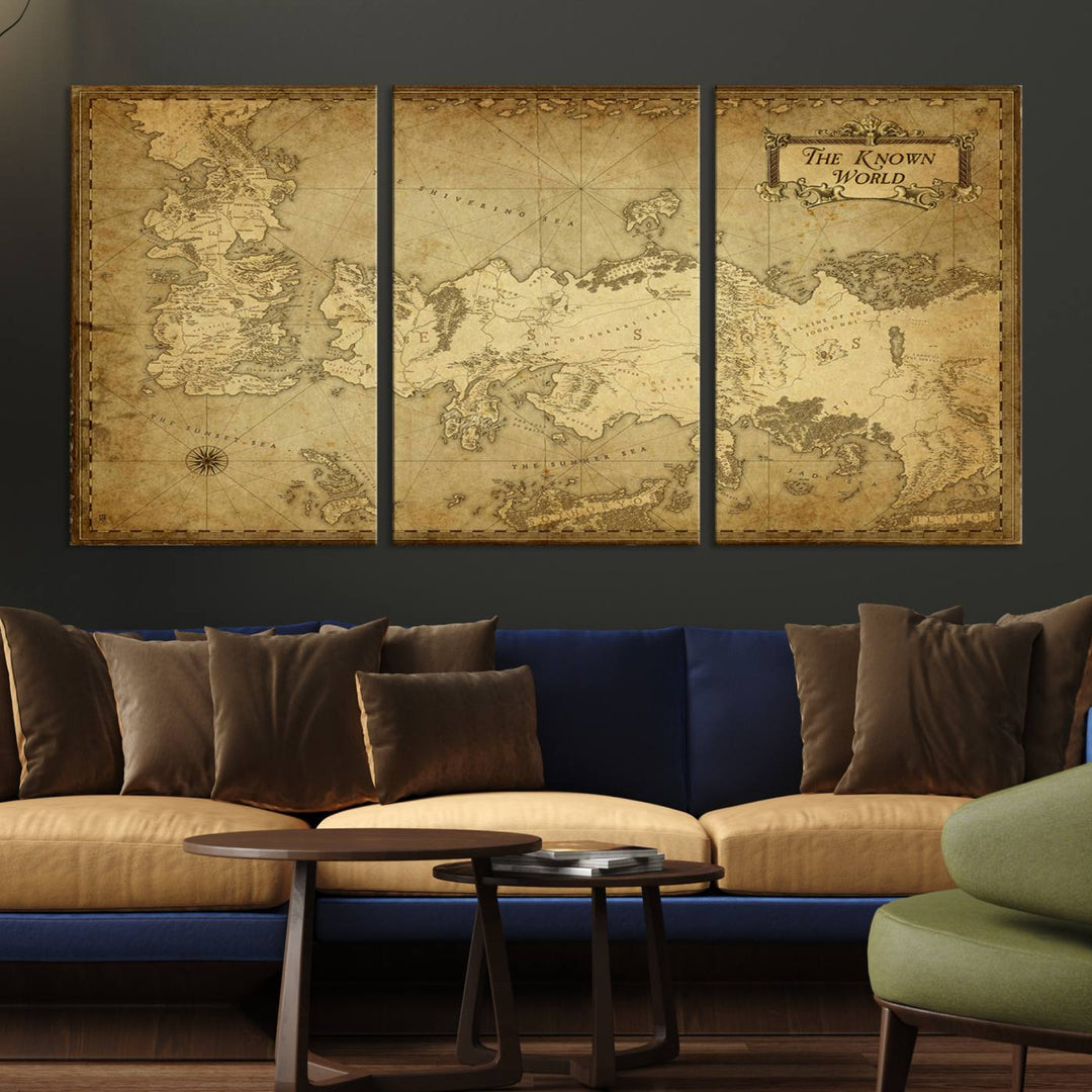Vintage Game of Thrones Map Wall Art | Westeros and Essos Antique Style Print | The Known World in Triptych Canvas | Giclee Canvas for