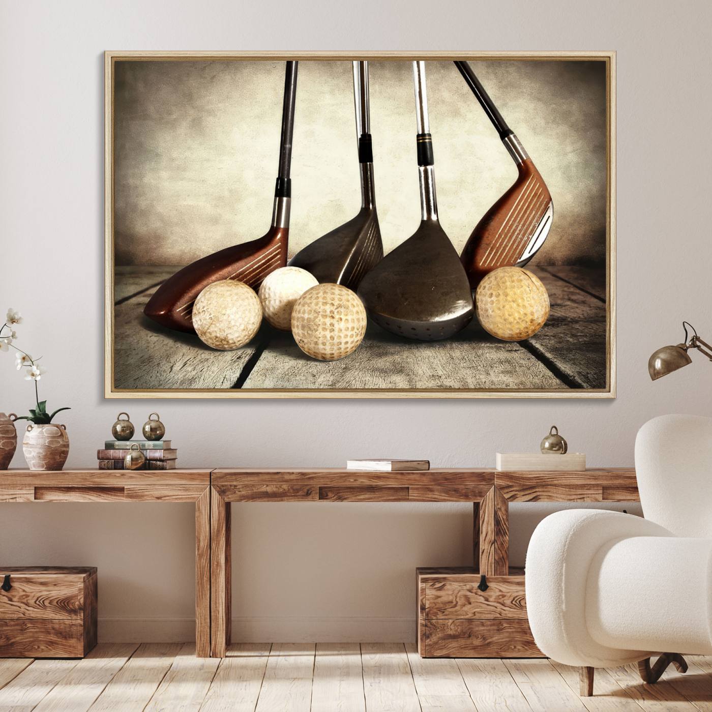 33845-MGV-FC-36X24_Natural-Vintage Golf Ball Art | Golf Decor for Man Cave or Office | Ready to Hang and Framed