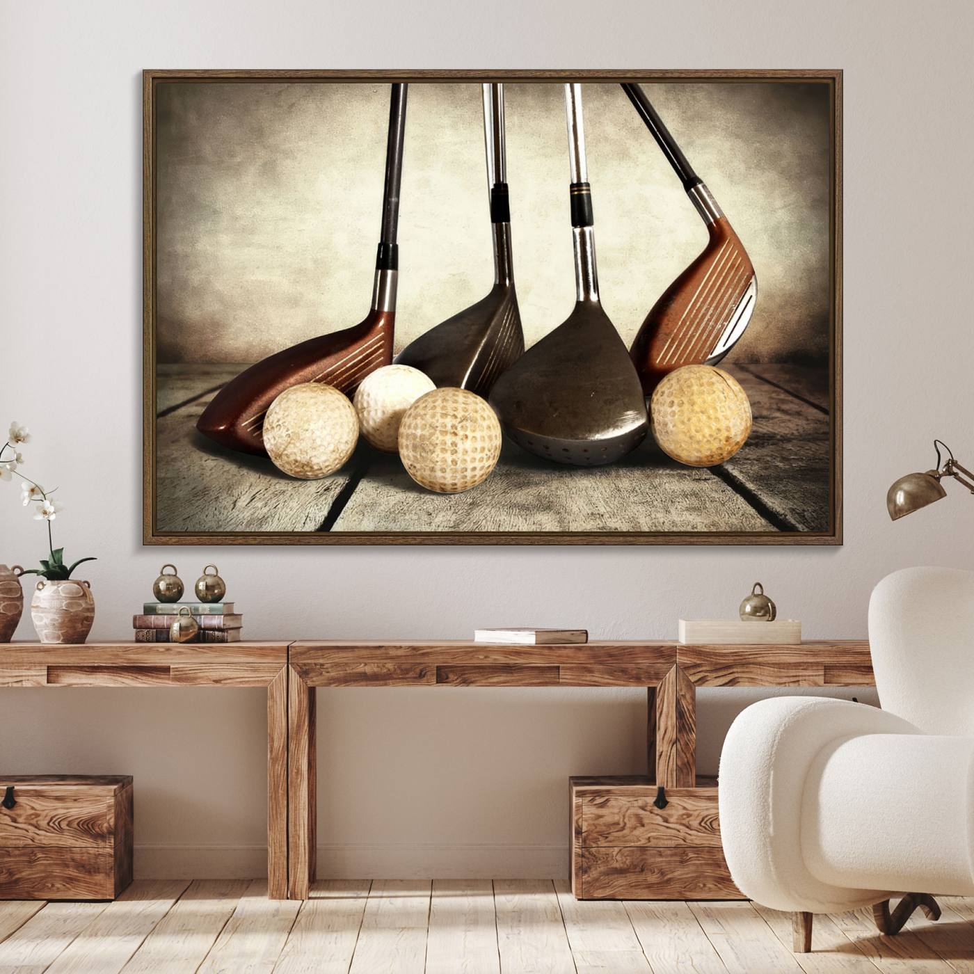 33845-MGV-FC-36X24_Walnut-Vintage Golf Ball Art | Golf Decor for Man Cave or Office | Ready to Hang and Framed