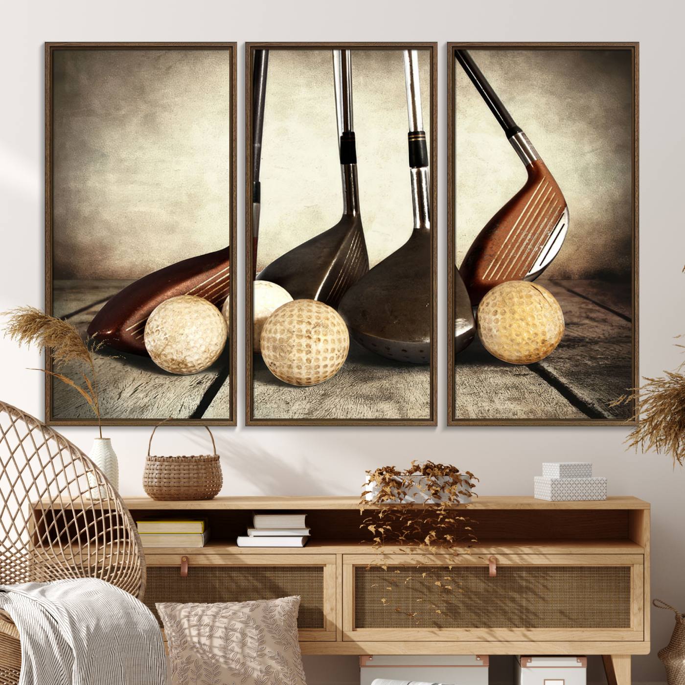 33845-MGV-FC-48X32-3P_Walnut-Vintage Golf Ball Art | Golf Decor for Man Cave or Office | Ready to Hang and Framed