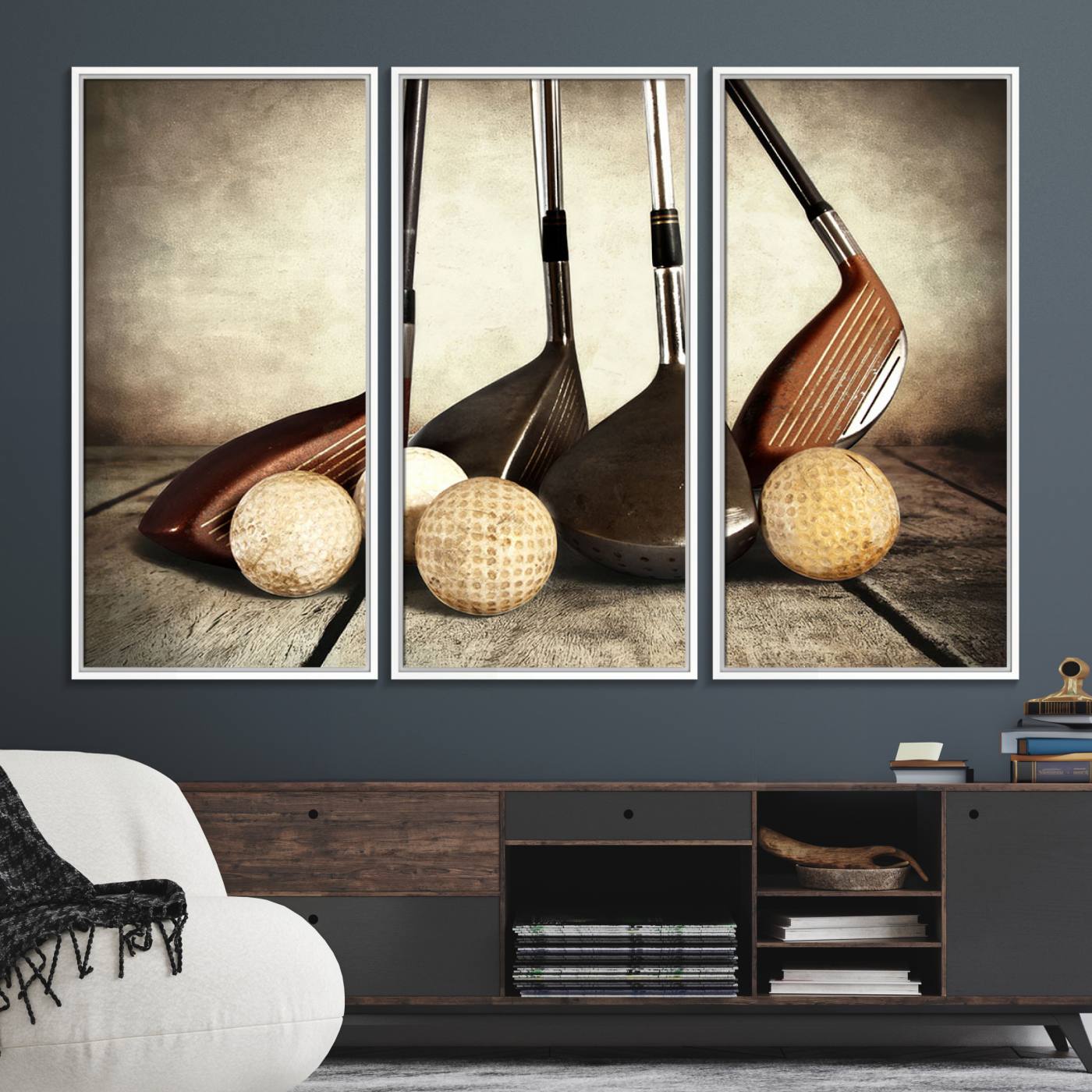 33845-MGV-FC-48X32-3P_White-Vintage Golf Ball Art | Golf Decor for Man Cave or Office | Ready to Hang and Framed