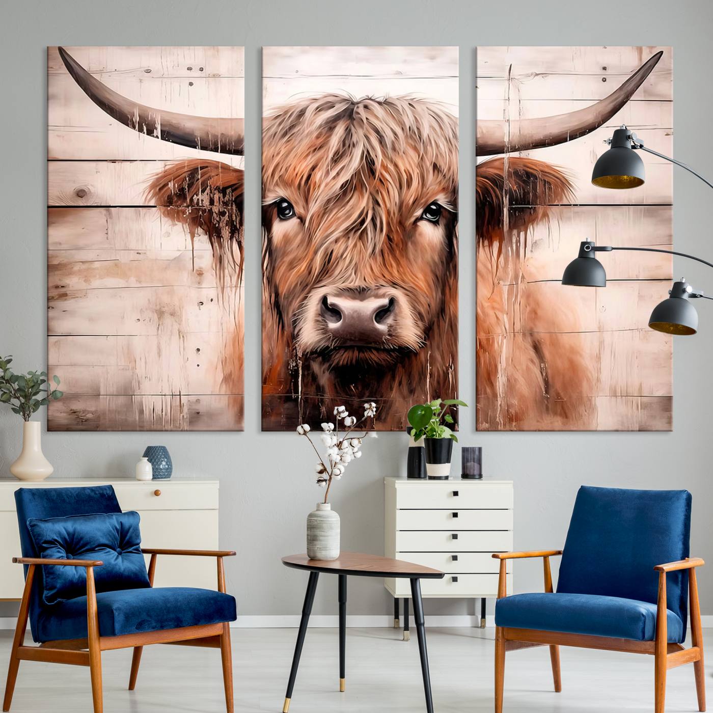Vintage Scottish Highland Cow Cattle Art Print Farmhouse Wall Art Canvas Print