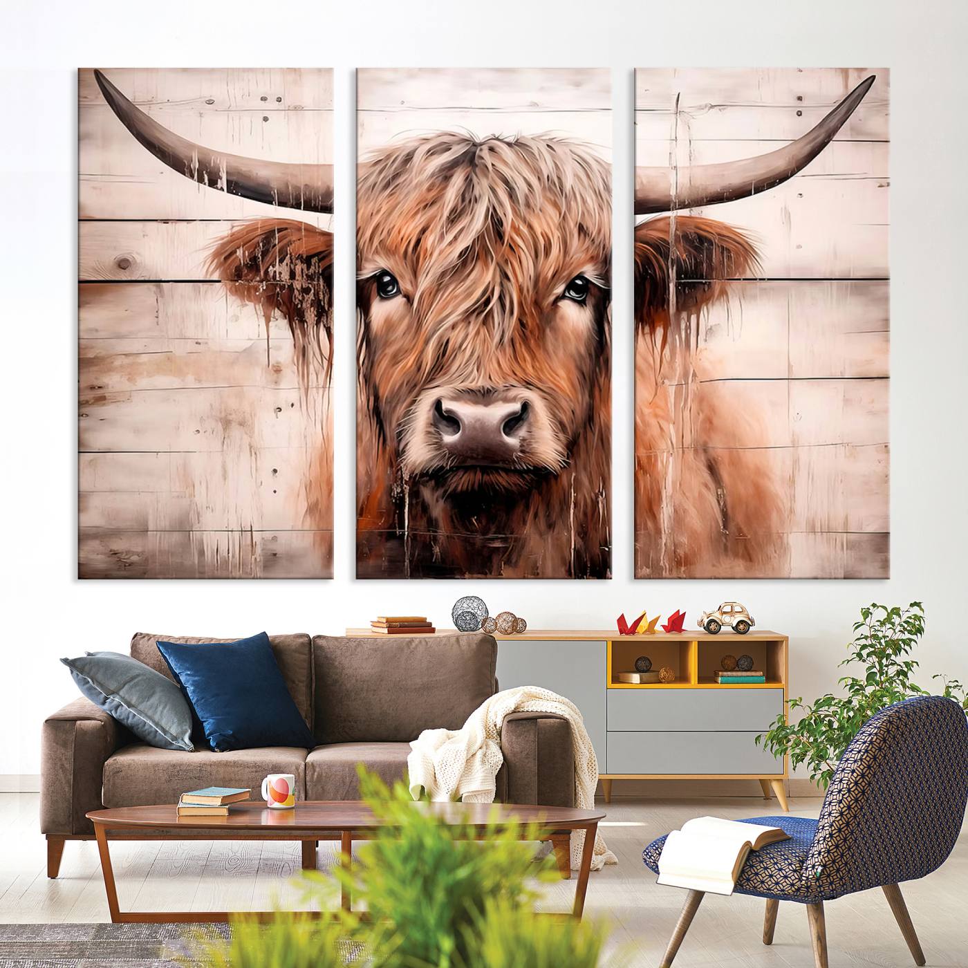 Vintage Scottish Highland Cow Cattle Art Print Farmhouse Wall Art Canvas Print